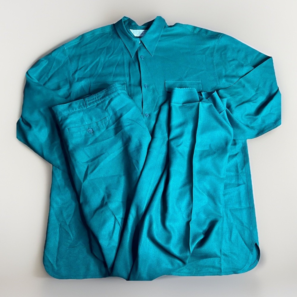 Vintage Genelli 100% Silk Outfit Shirt/Pants Mens XXL Green Luxury Beach Cruise